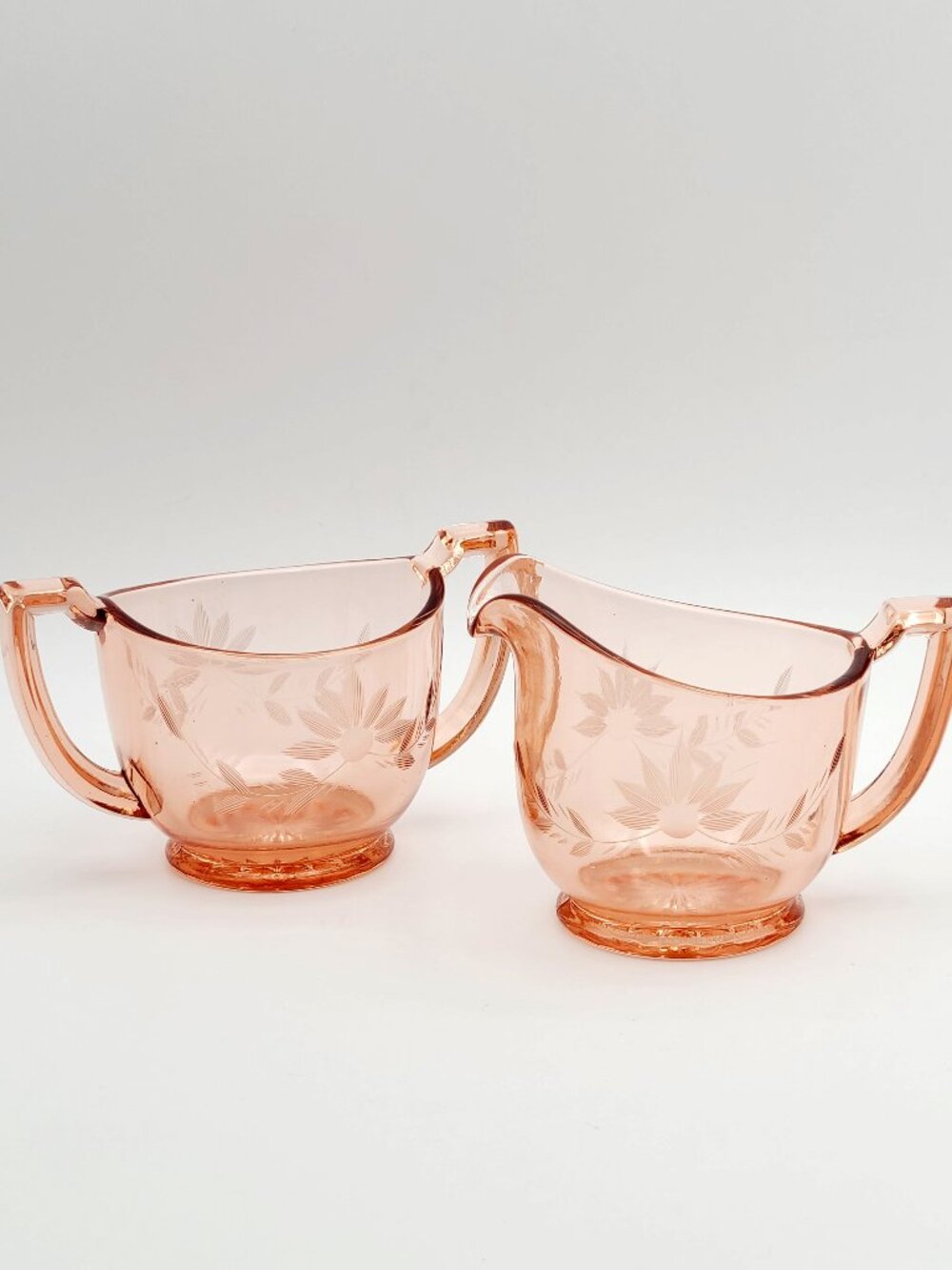 Vintage Pink Depression Glass Etched Creamer Sugar Set Art Deco Handles